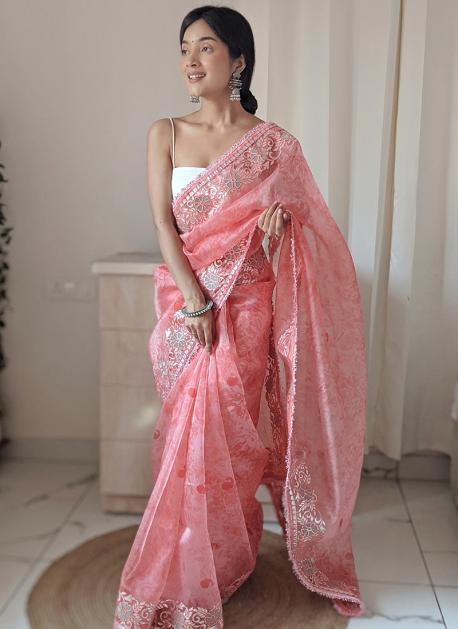 Disha Parmar Fuchsia Gota Patti Organza Saree with Brocade Blouse