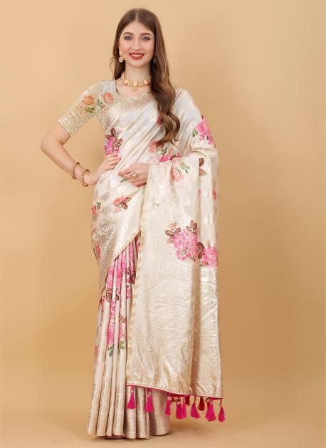 Pearl White and Gold Pure Zari Kanchipuram Silk Saree– Clio Silks