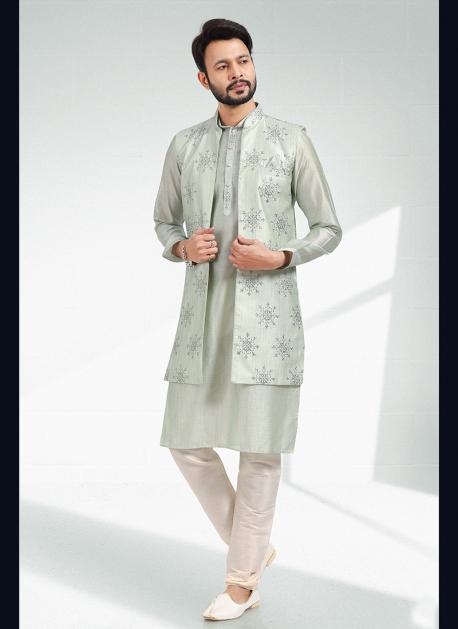 Solid Color Cotton Nehru Jacket in Green : MLC2034