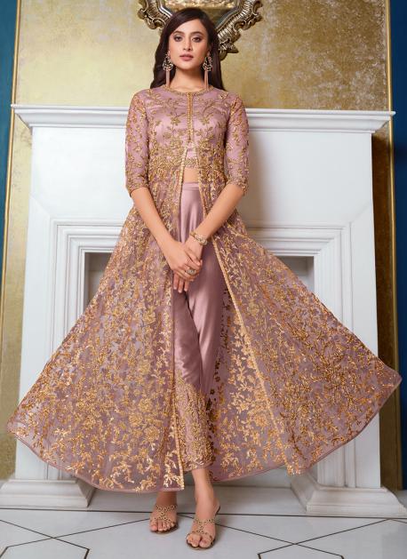 Buy Light Pink Embroidery Work Net Anarkali Suit Online