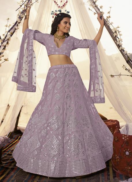 Purple Mirror Work Taffeta Silk Lehenga – Maharani