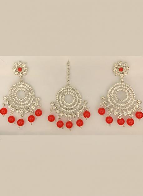 Festive Traditional Maang Tika Earrings Set - Red Beads - Beatnik