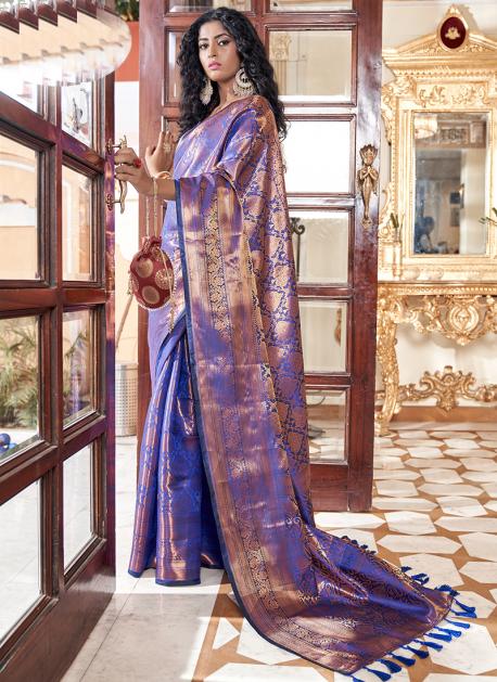 Royal Princess Golden Blue Woven Kanjivaram Saree – Zari Banaras