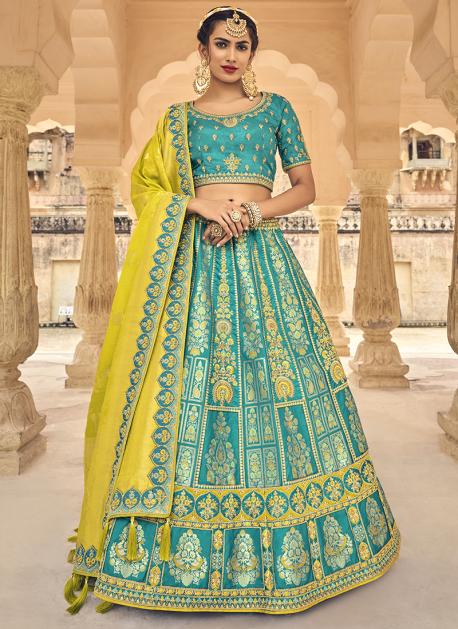 Sky blue embroidered net semi stitched lehenga - AAHVAN DESIGNS - 4008562