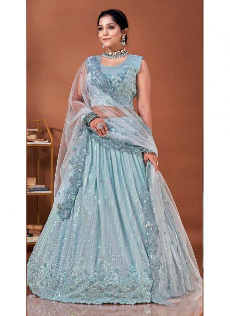 Ritika Mirchandani | Aiyla Iceblue Silver Lehenga Sari And Blouse |  INDIASPOPUP.COM