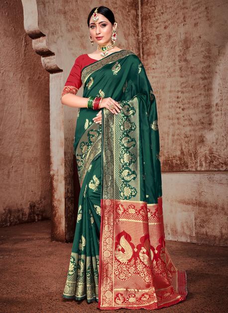 Buy Green Katan Silk Handwoven Floral Banarasi Saree With Running Blouse  For Women by Naaritva India Online at Aza Fashions.