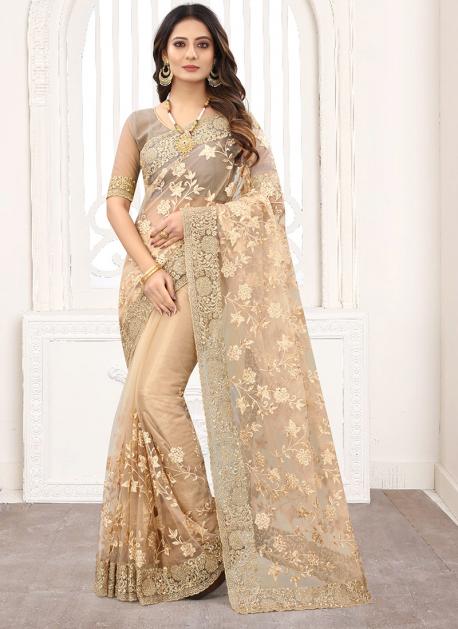 Net Resham Work Saree In Mustard Colour