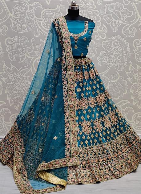 Delightful turquoise blue Dori work, Thread Embroidered with diamond work  Bridal Net Semi Stitched Lehenga choli - MEGHALYA - 3898176