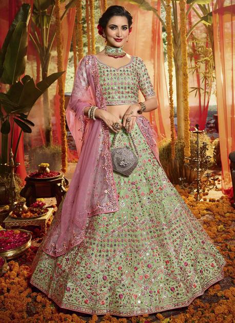 Buy Wedding Wear Light Green Organza Thread Work Lehenga Choli 148775 Online