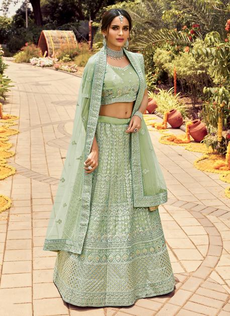 Buy Wedding Wear Pista green Organza Zarkan Work Lehenga Choli Online