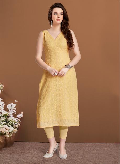 Ada Hand Embroidered Lucknowi Chikankari Straight Cotton Kurti Kurta for  Women A223631 Yellow (2XS) : Amazon.in: Fashion