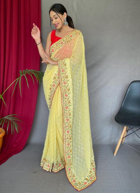 Elegant Butter Yellow Georgette Designer Full-Sequin Striped Saree,  contrast black micro stone work border