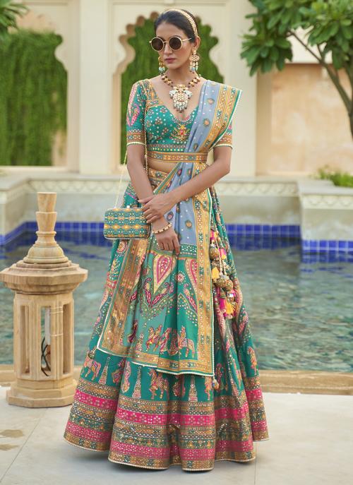 Buy Firozi Mirror Work Rajwai Silk Lehenga Choli Online