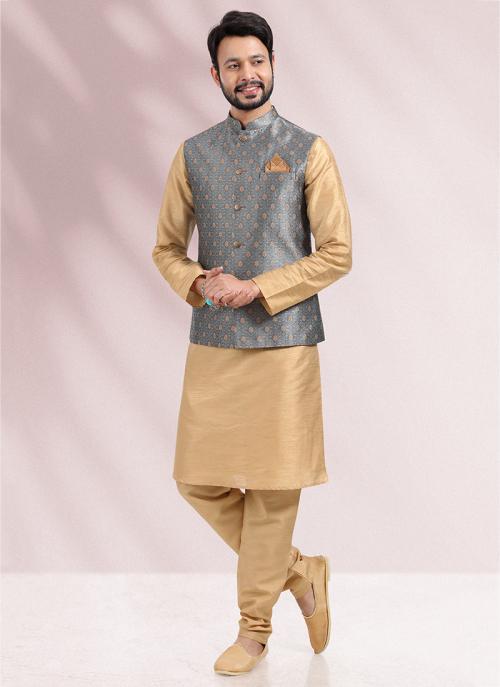 Buy Festival Wear Blue Jacquard Work Banarasi Silk Kurta Pajama With Jacket  Online From Surat Wholesale Shop.