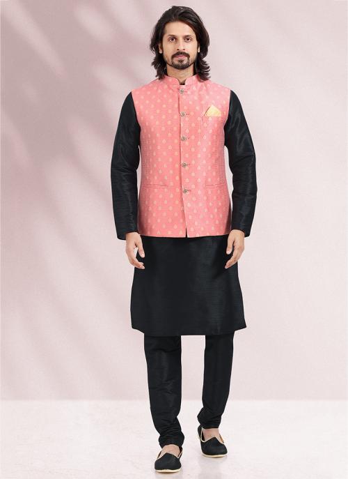 Designer Silk Kurta Pajama with Waist Coat in Mirror Work - Black/Whit–  PAAIE